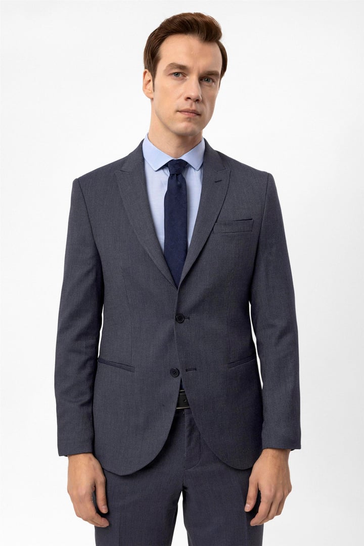 Lacivert Slim Fit Armürlü Sivri Yaka 6 Drop Klasik Takım Elbise