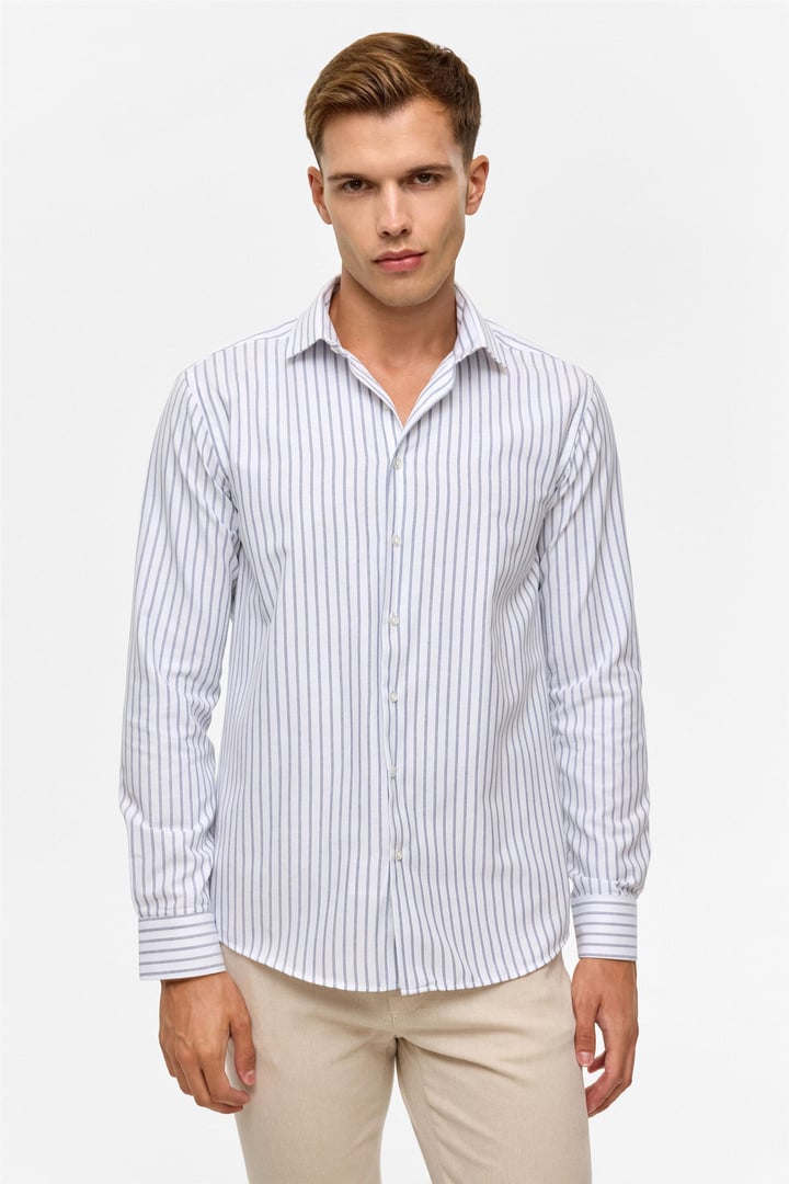 Lacivert Slim Çizgili Klasik Yaka Gömlek
