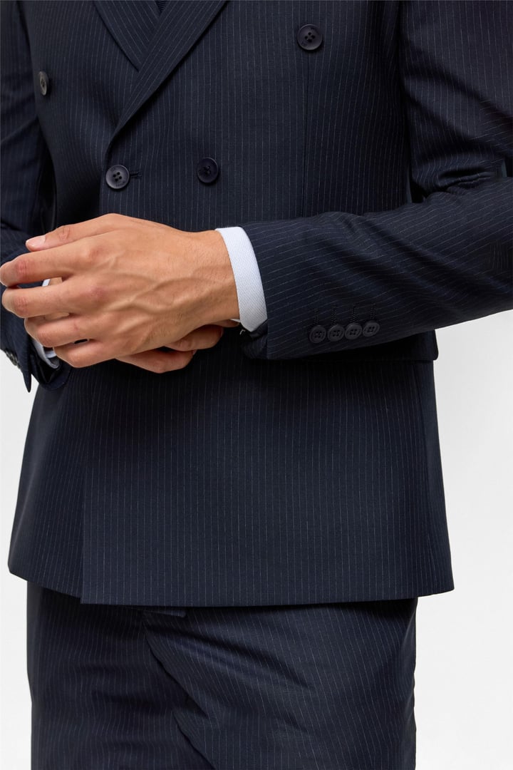 Lacivert Slim Çizgili Kruvaze Yaka 6 Drop Takım Elbise