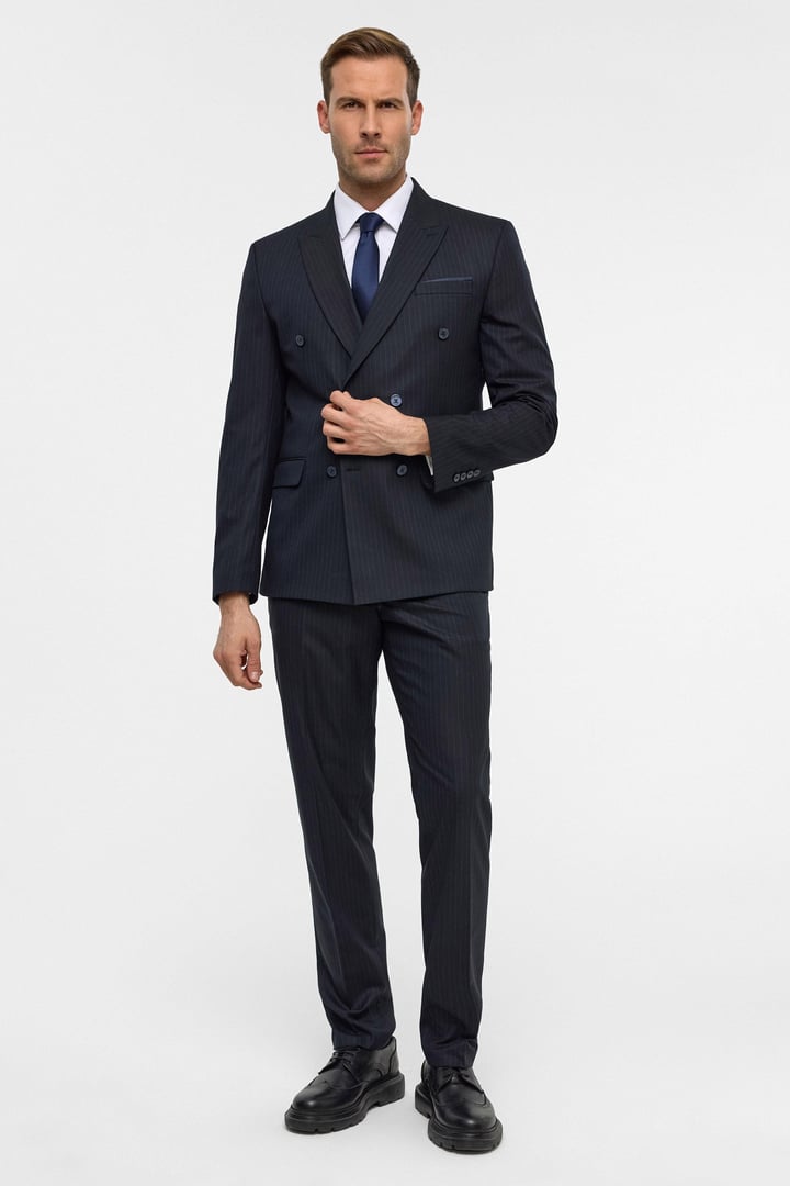 Lacivert Slim Çizgili Kruvaze Yaka 6 Drop Takım Elbise