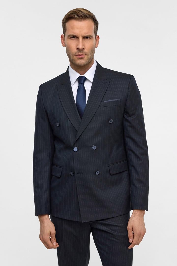 Lacivert Slim Çizgili Kruvaze Yaka 6 Drop Takım Elbise