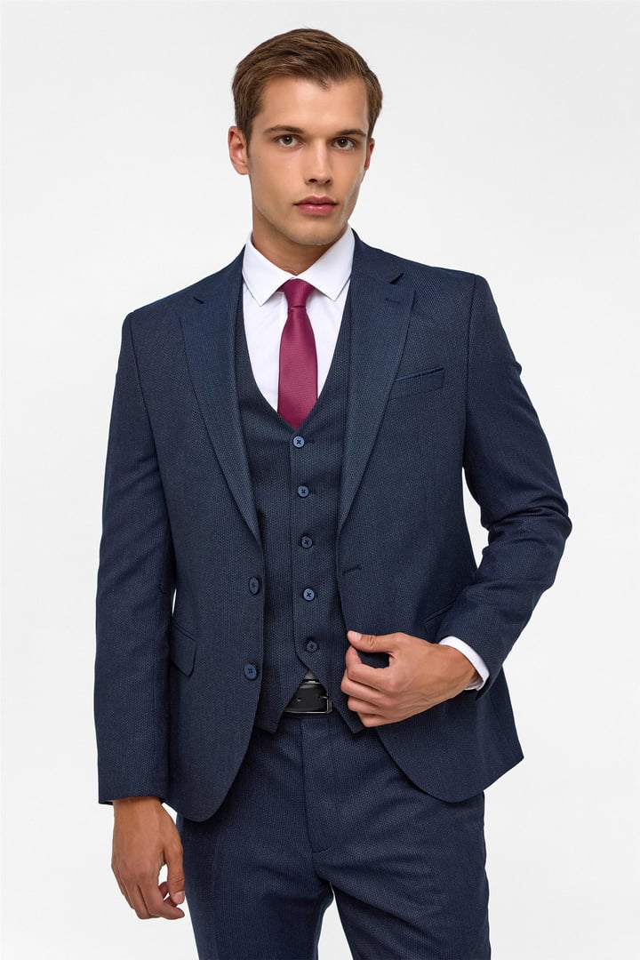 Lacivert Slim Desenli Mono Yaka 6 Drop Yelekli Takım Elbise