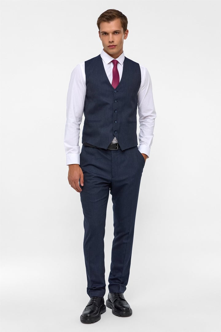 Lacivert Slim Desenli Mono Yaka 6 Drop Yelekli Takım Elbise