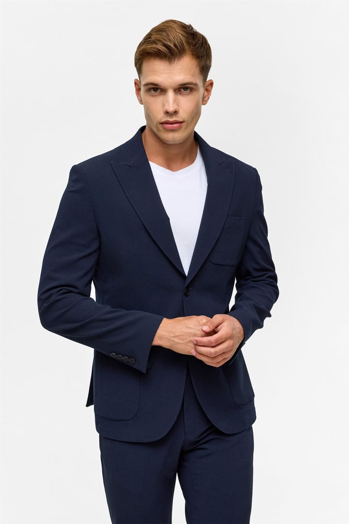 Lacivert Slim Desenli Sivri Yaka 6 Drop Takım Elbise