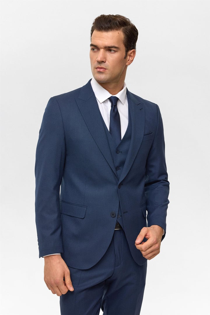 Lacivert Slim Desenli Sivri Yaka 6 Drop Yelekli Takım Elbise