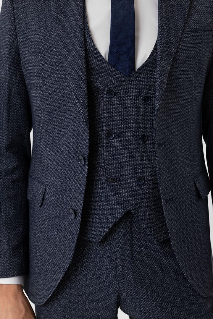 Lacivert Slim Fit Desenli Sivri Yaka 6 Drop Yelekli Klasik Takım Elbise