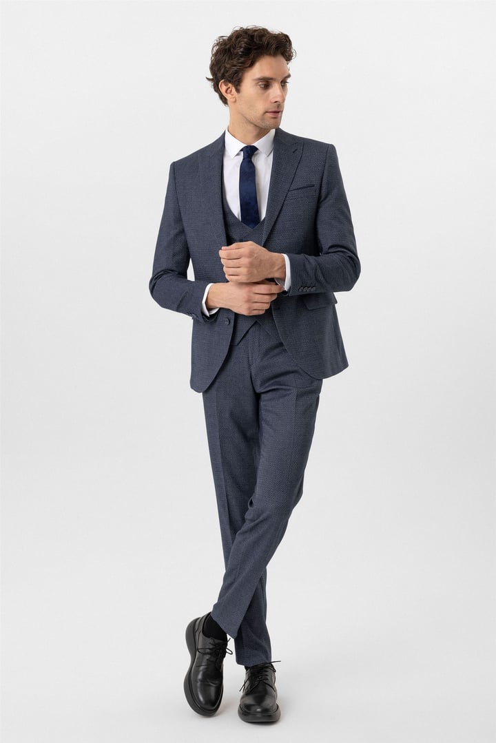 Lacivert Slim Fit Desenli Sivri Yaka 6 Drop Yelekli Klasik Takım Elbise