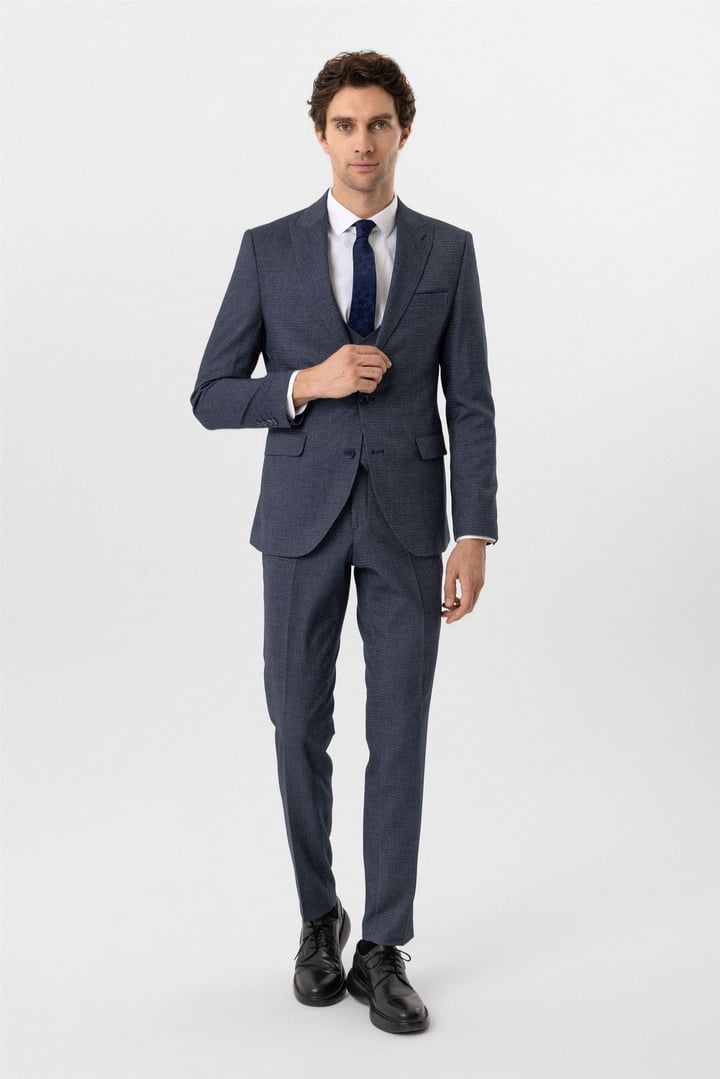 Lacivert Slim Fit Desenli Sivri Yaka 6 Drop Yelekli Klasik Takım Elbise