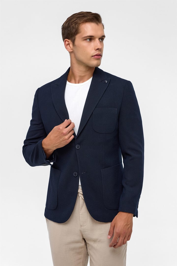 Lacivert Slim Desenli Sivri Yaka 6 Drop Ceket