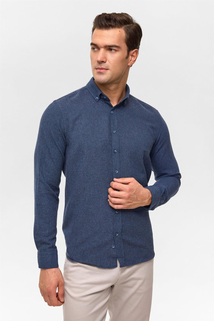 Lacivert Slim Düz Düğmeli Yaka Gömlek