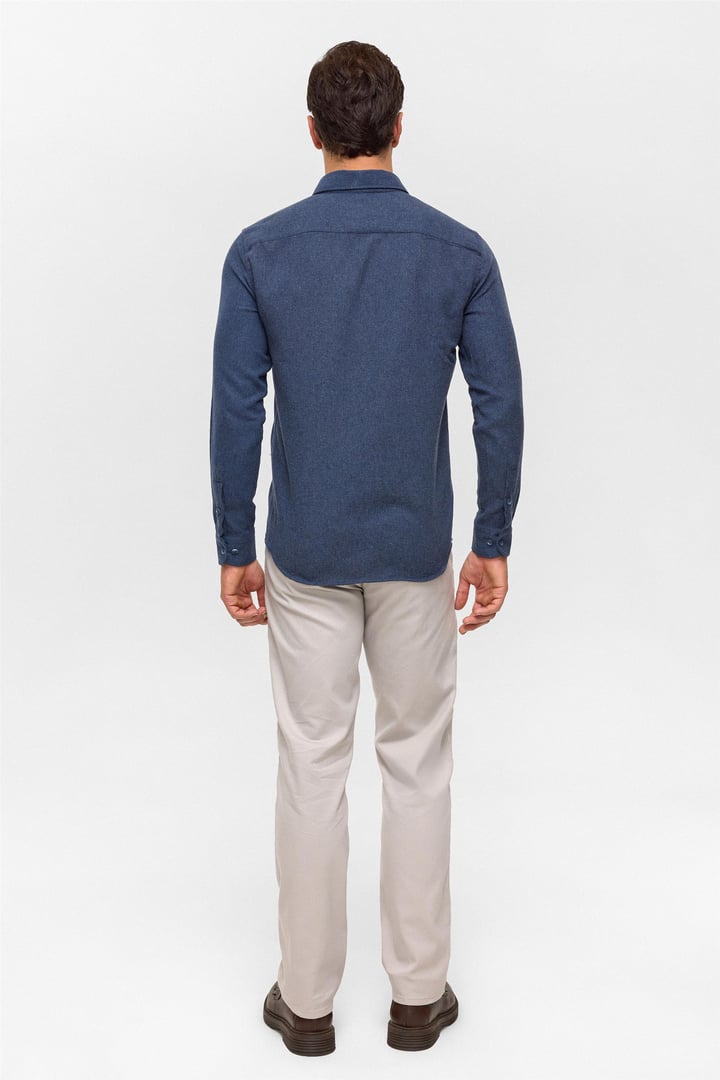 Lacivert Slim Düz Düğmeli Yaka Gömlek