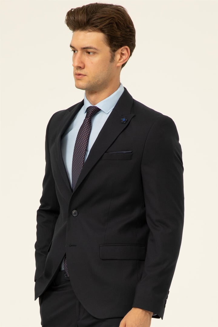 Lacivert Slim Fit Düz Sivri Yaka 6 Drop Klasik Takım Elbise