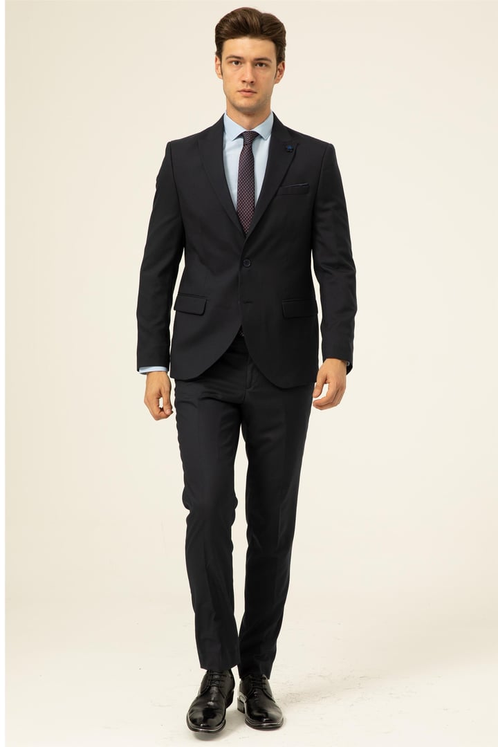 Lacivert Slim Fit Düz Sivri Yaka 6 Drop Klasik Takım Elbise