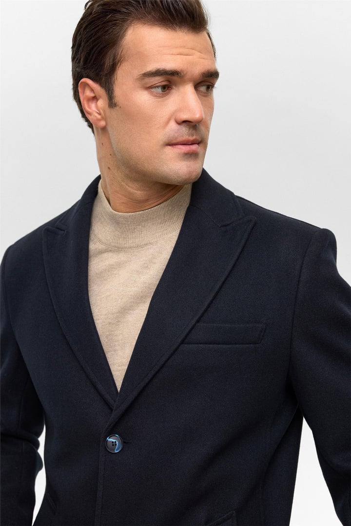 Lacivert Slim Düz Sivri Yaka Kaban