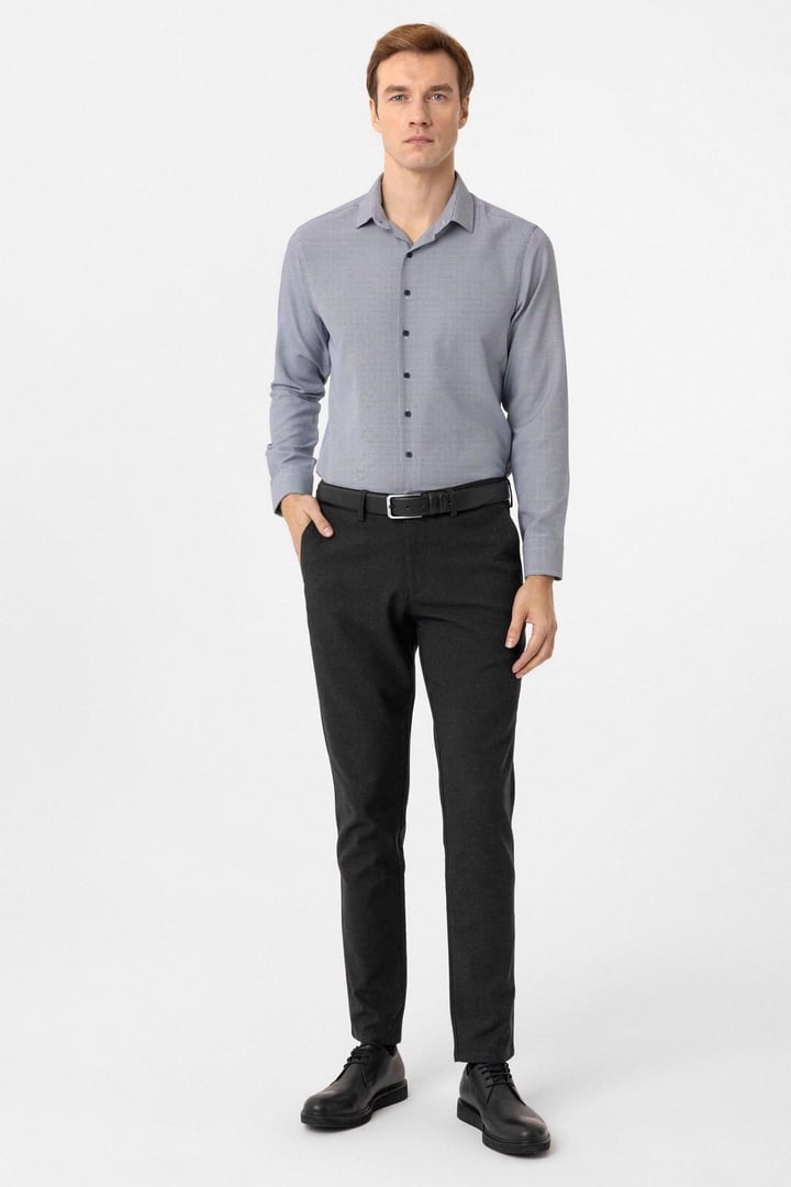 Lacivert Slim Fit Armürlü Klasik Yaka Gömlek