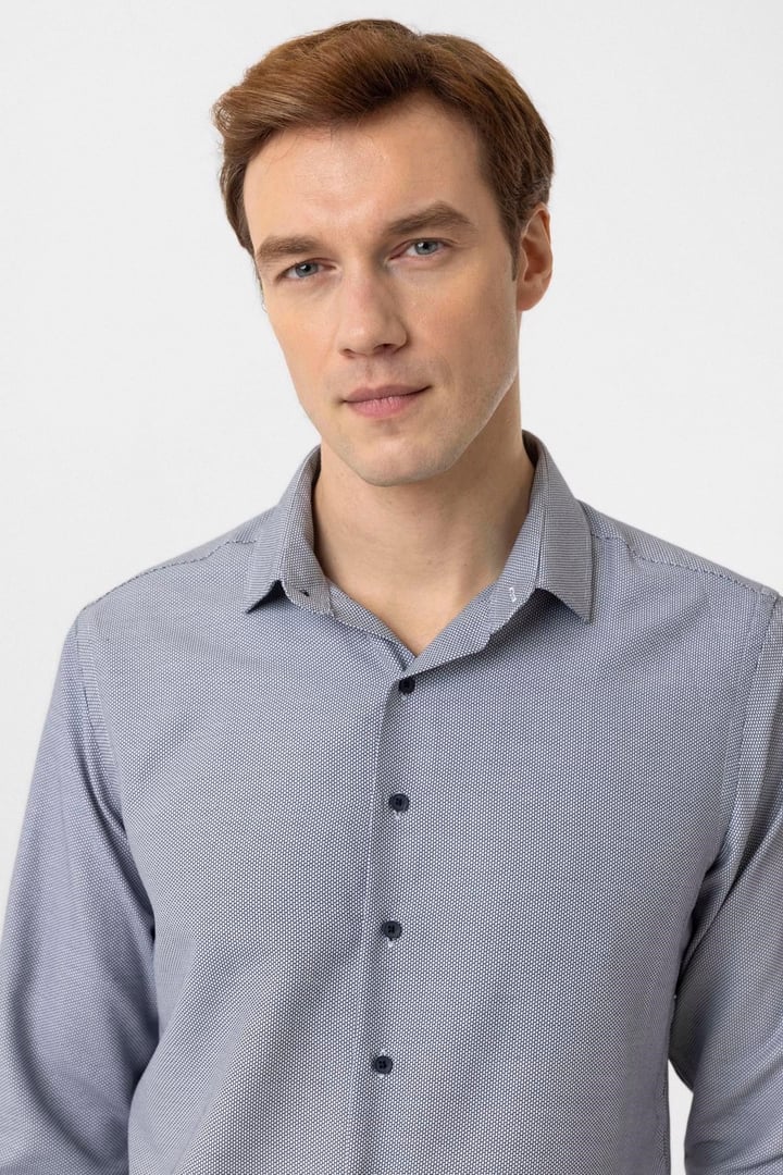 Lacivert Slim Fit Armürlü Klasik Yaka Gömlek