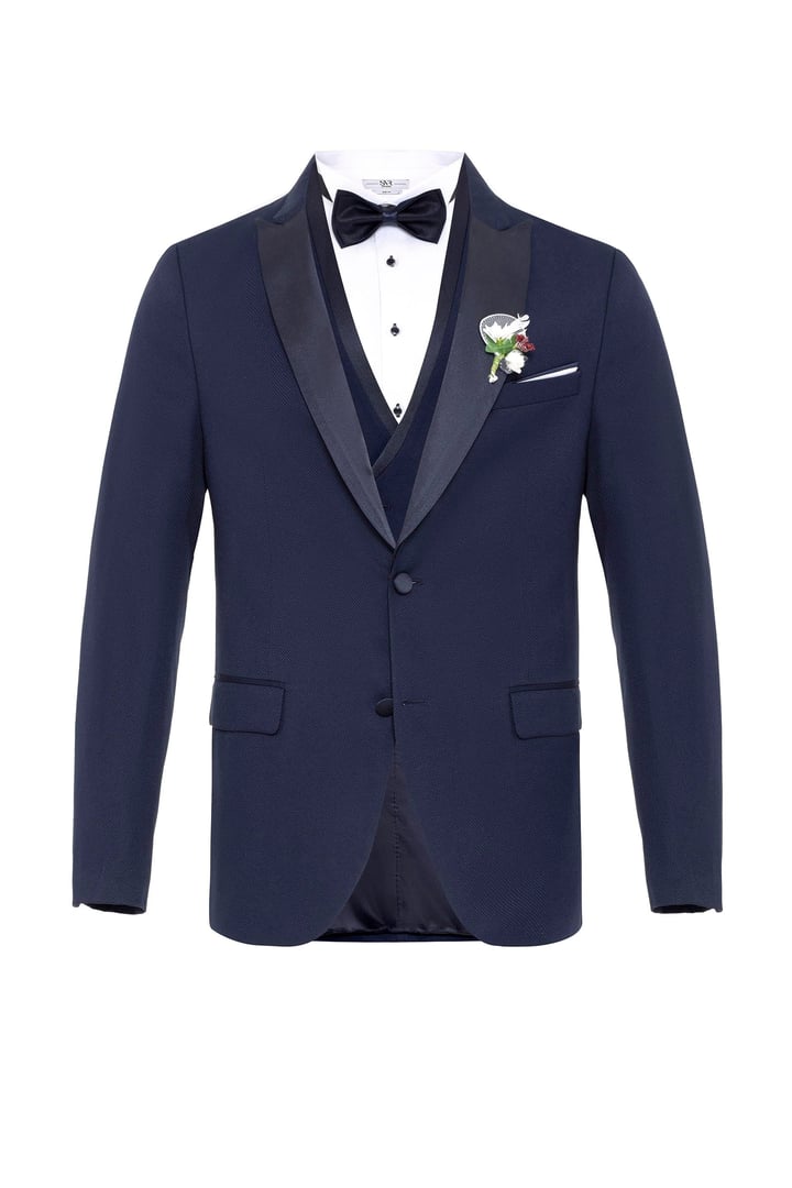 Lacivert Slim Fit Armürlü Sivri Yaka 6 Drop Smokin & Damatlık