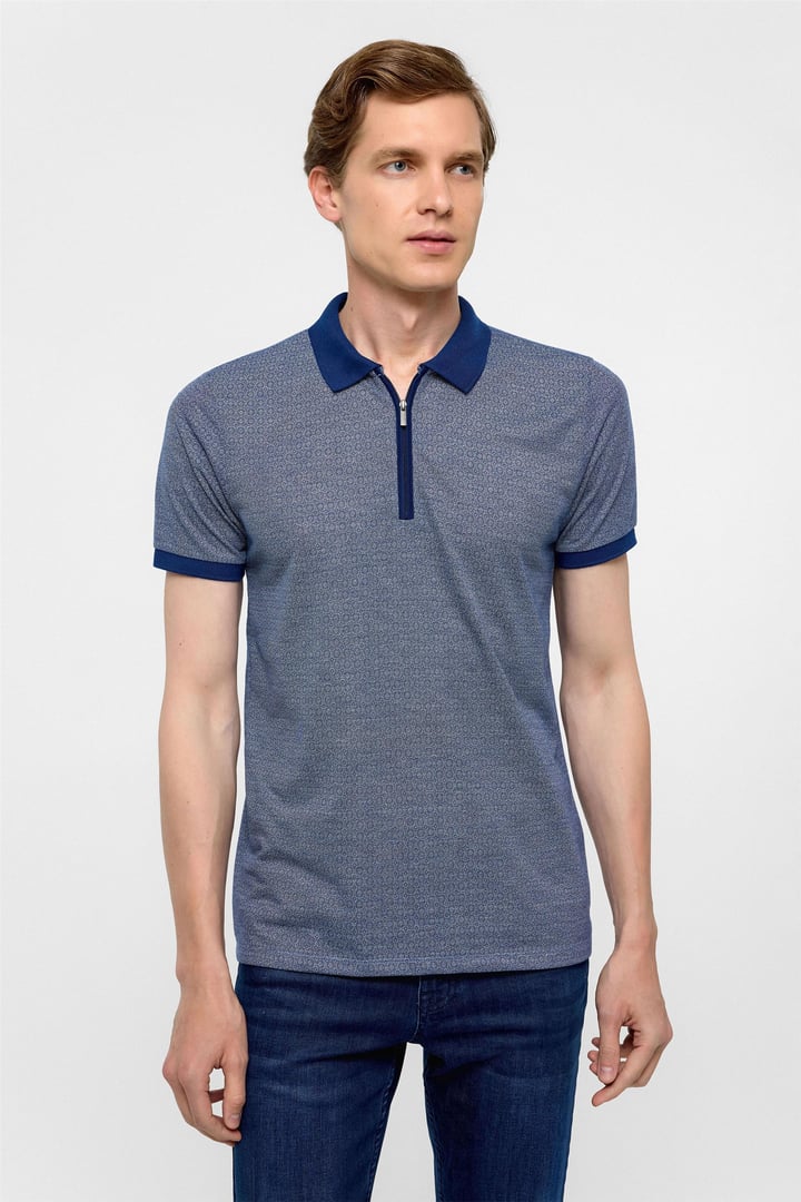 Lacivert Slim Fit Baskılı Polo Yaka Tişört