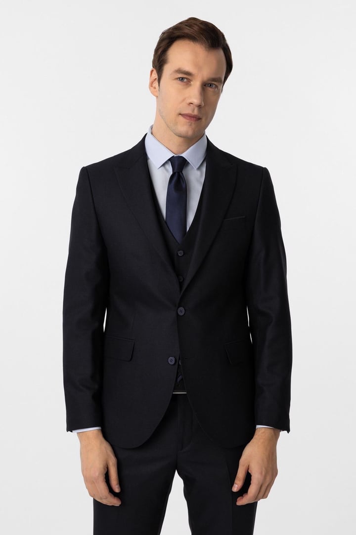 Lacivert Slim Fit Desenli Sivri Yaka 6 Drop Yelekli Klasik Takım Elbise