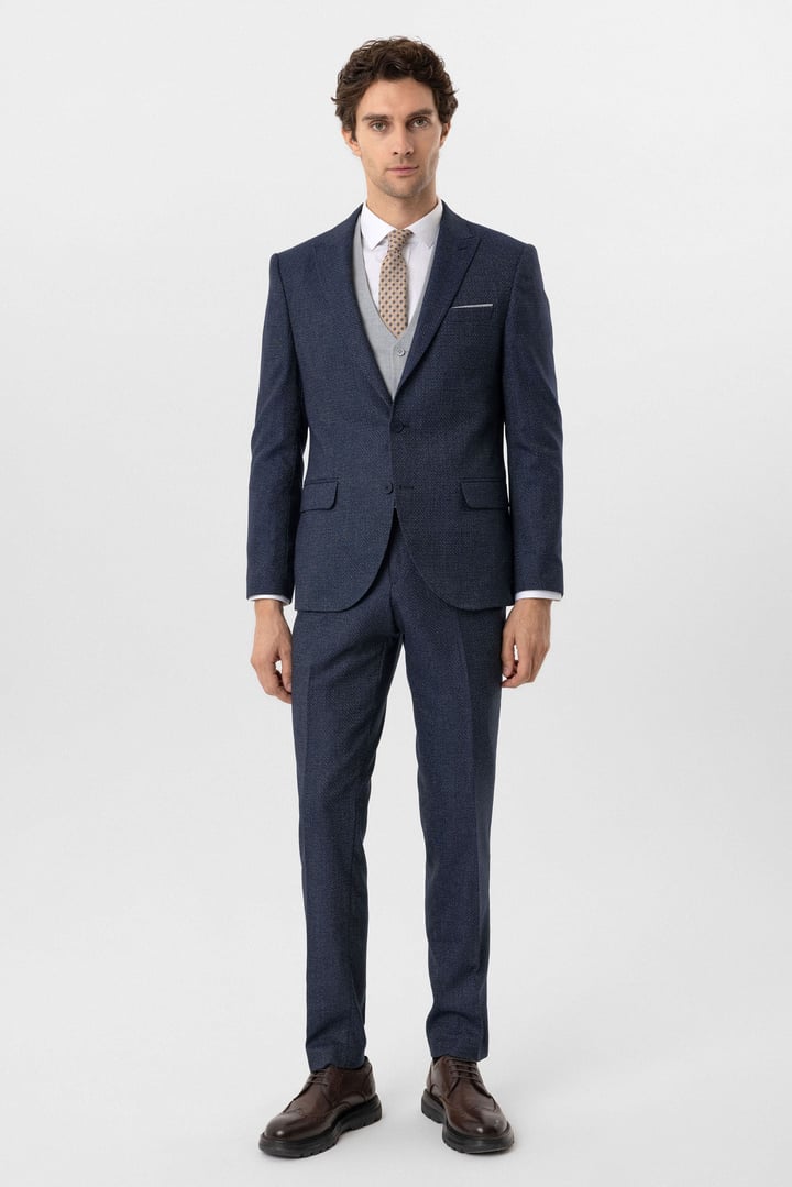 Lacivert Slim Fit Desenli Sivri Yaka 6 Drop Yelekli Klasik Takım Elbise