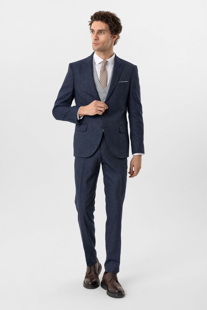 Lacivert Slim Fit Desenli Sivri Yaka 6 Drop Yelekli Klasik Takım Elbise