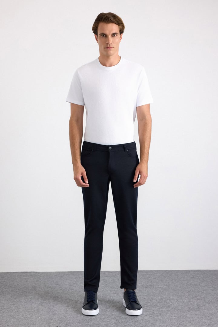 Lacivert Slim Karışık Desen Armürlü Normal Bel Casual Pantolon