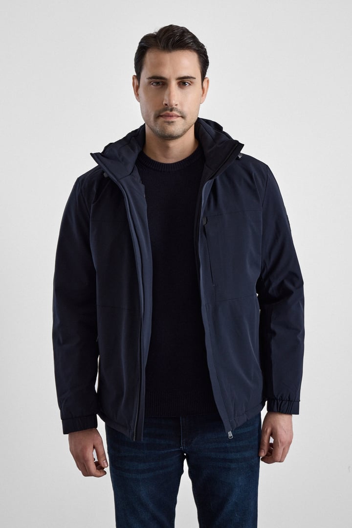 Lacivert Slim Klasik Yaka Düz Yan Cepli Fermuar Kapitone Rüzgar Geçirmez Mont