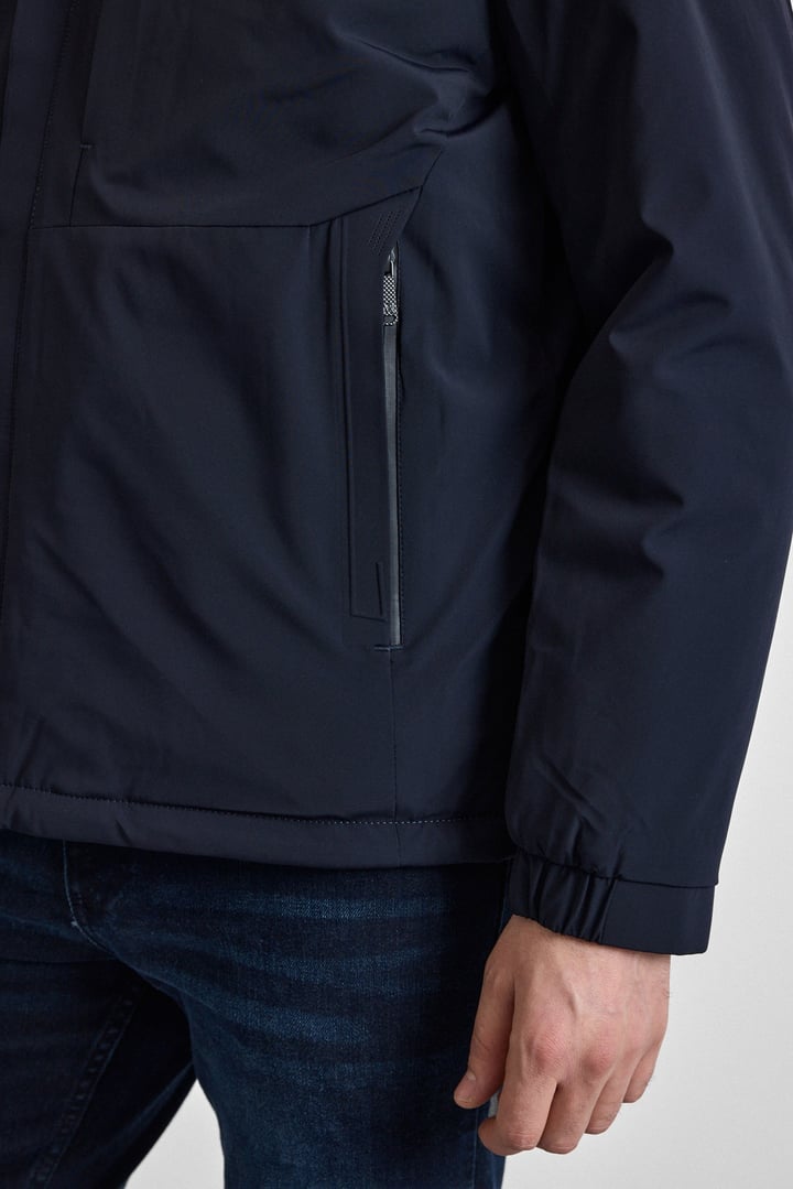 Lacivert Slim Klasik Yaka Düz Yan Cepli Fermuar Kapitone Rüzgar Geçirmez Mont