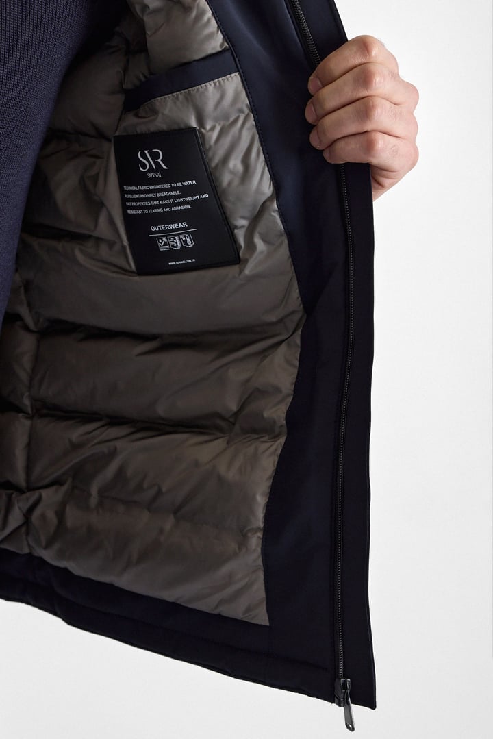 Lacivert Slim Klasik Yaka Düz Yan Cepli Fermuar Kapitone Rüzgar Geçirmez Mont