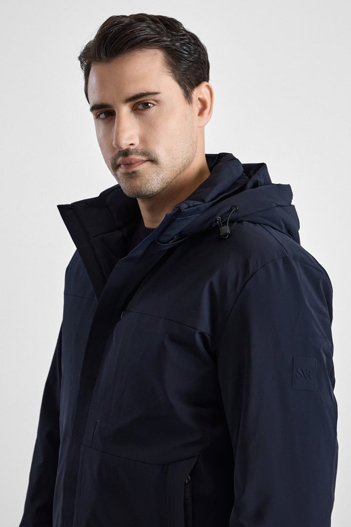 Lacivert Slim Klasik Yaka Düz Yan Cepli Fermuar Kapitone Rüzgar Geçirmez Mont