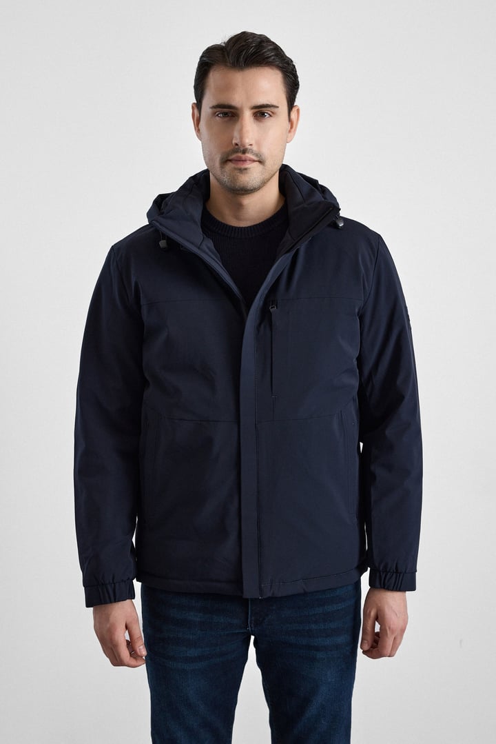Lacivert Slim Klasik Yaka Düz Yan Cepli Fermuar Kapitone Rüzgar Geçirmez Mont