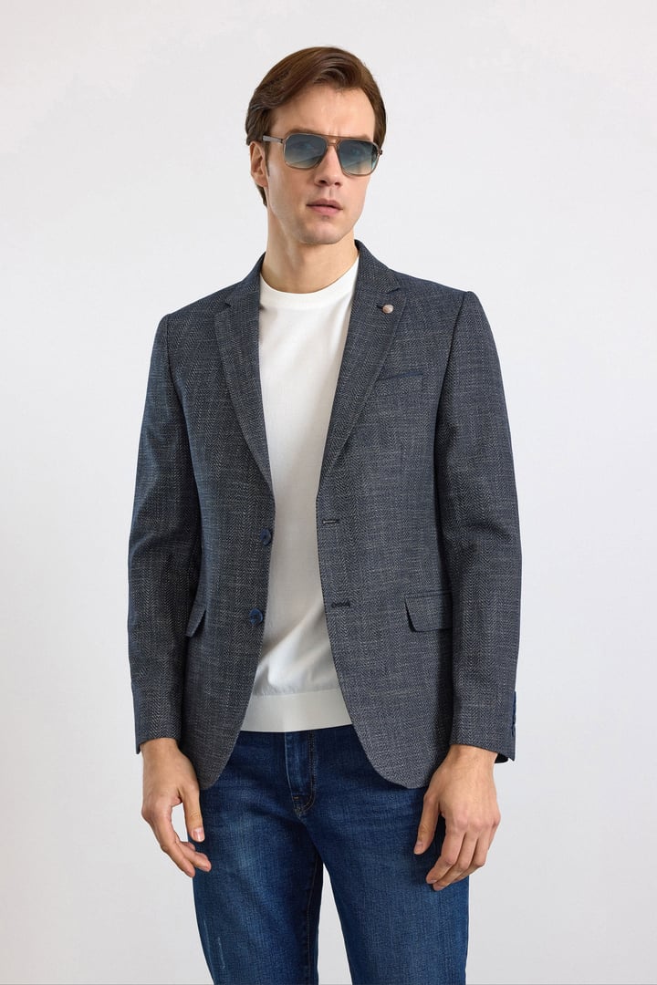 Lacivert Slim Mono Yaka Düz Pike Torba Cep Yıkamalı 6 Drop Klasik Ceket