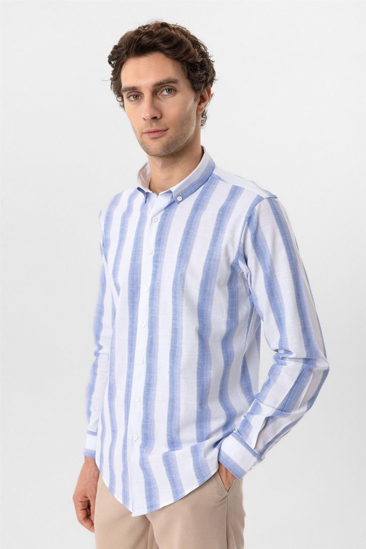 Mavi Slim Fit Desenli Düğmeli Yaka Çizgili Gömlek