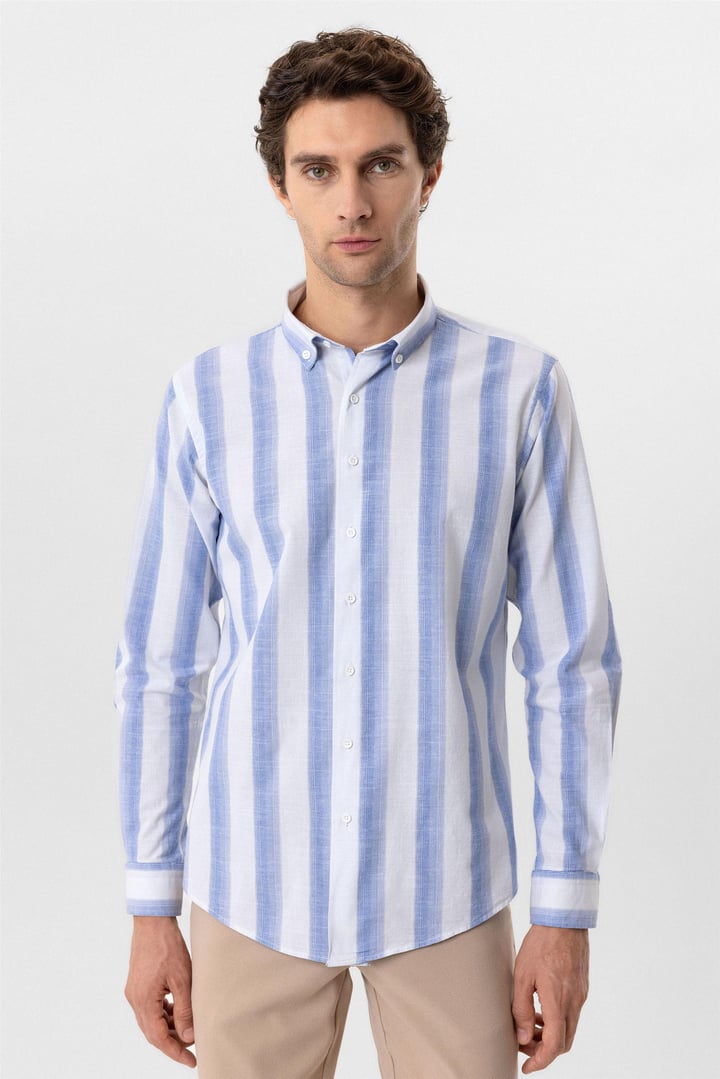 Mavi Slim Fit Desenli Düğmeli Yaka Çizgili Gömlek