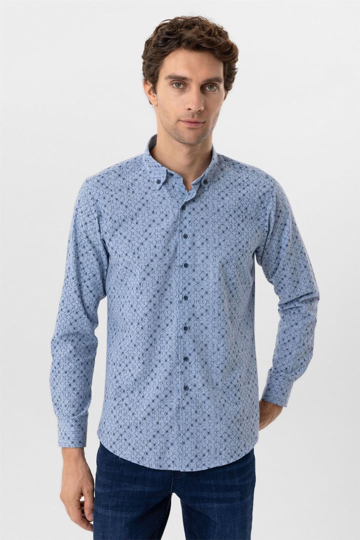 Mavi Slim Fit Düz Düğmeli Yaka Gömlek