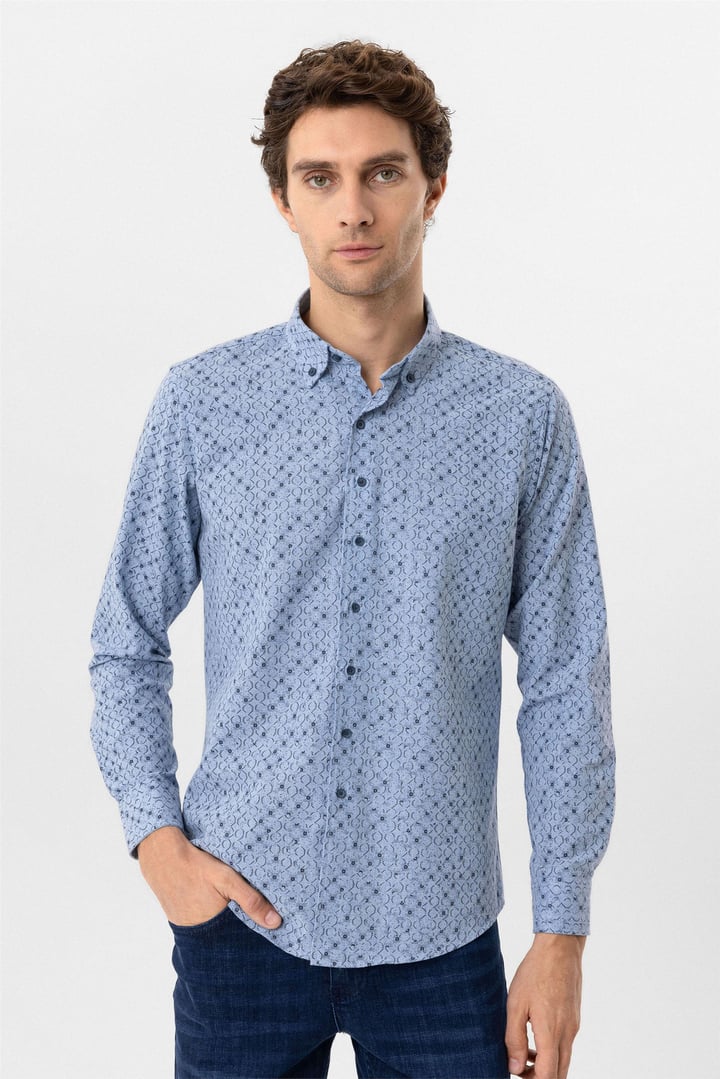 Mavi Slim Fit Düz Düğmeli Yaka Gömlek