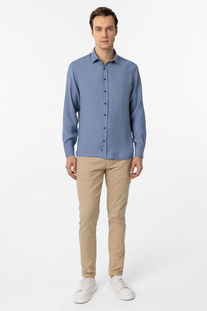 Mavi Slim Fit Düz Klasik Yaka Gömlek