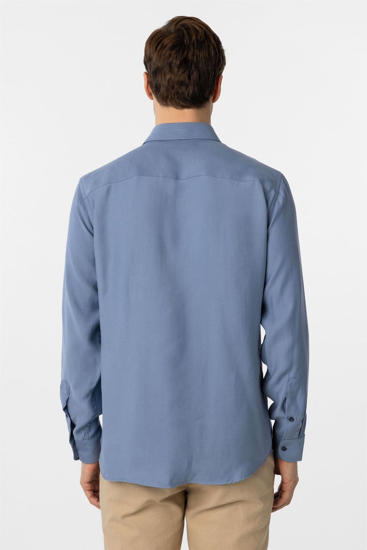 Mavi Slim Fit Düz Klasik Yaka Gömlek