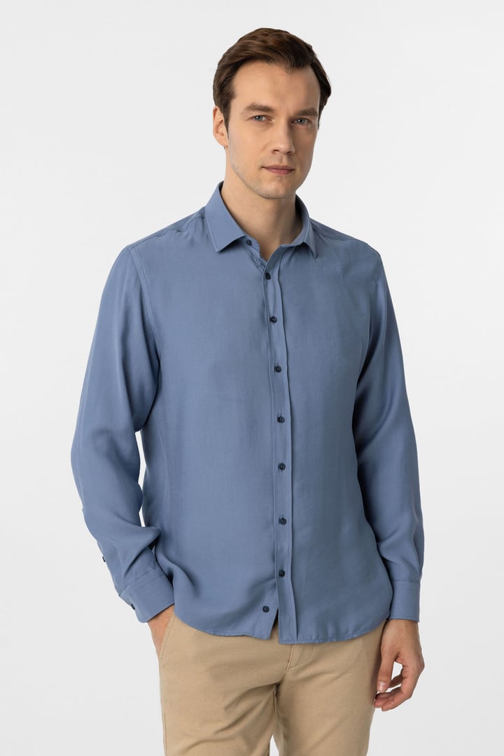 Mavi Slim Fit Düz Klasik Yaka Gömlek