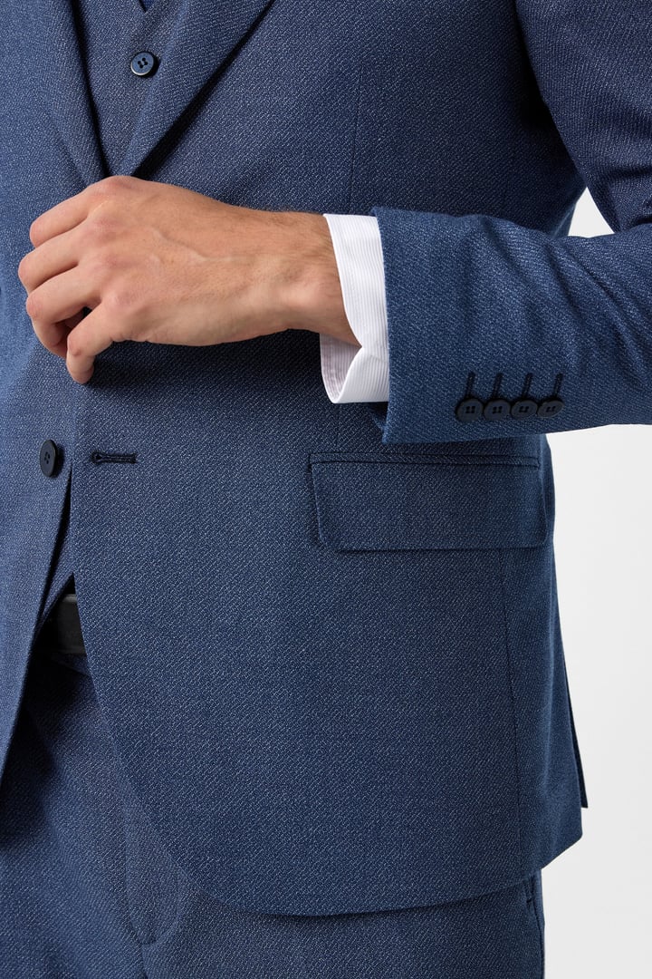 Parlament Mavi Slim Fit Desenli Mono Yaka 6 Drop Yelekli Klasik Takım Elbise