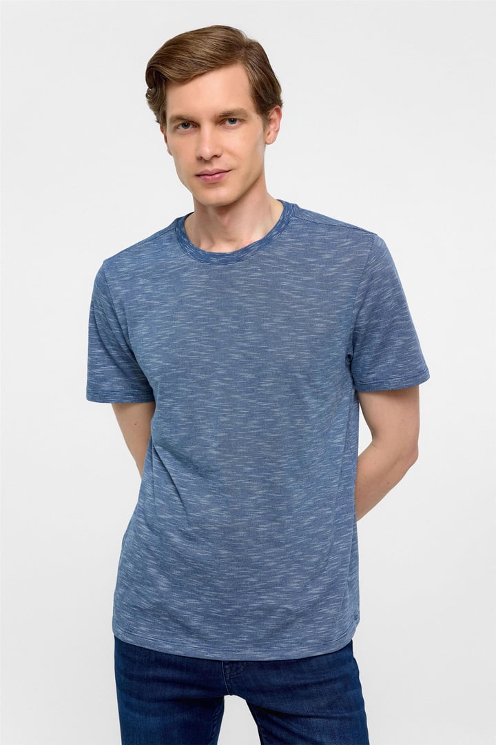 Saks Mavi Regular Armürlü Bisiklet Yaka Tişört