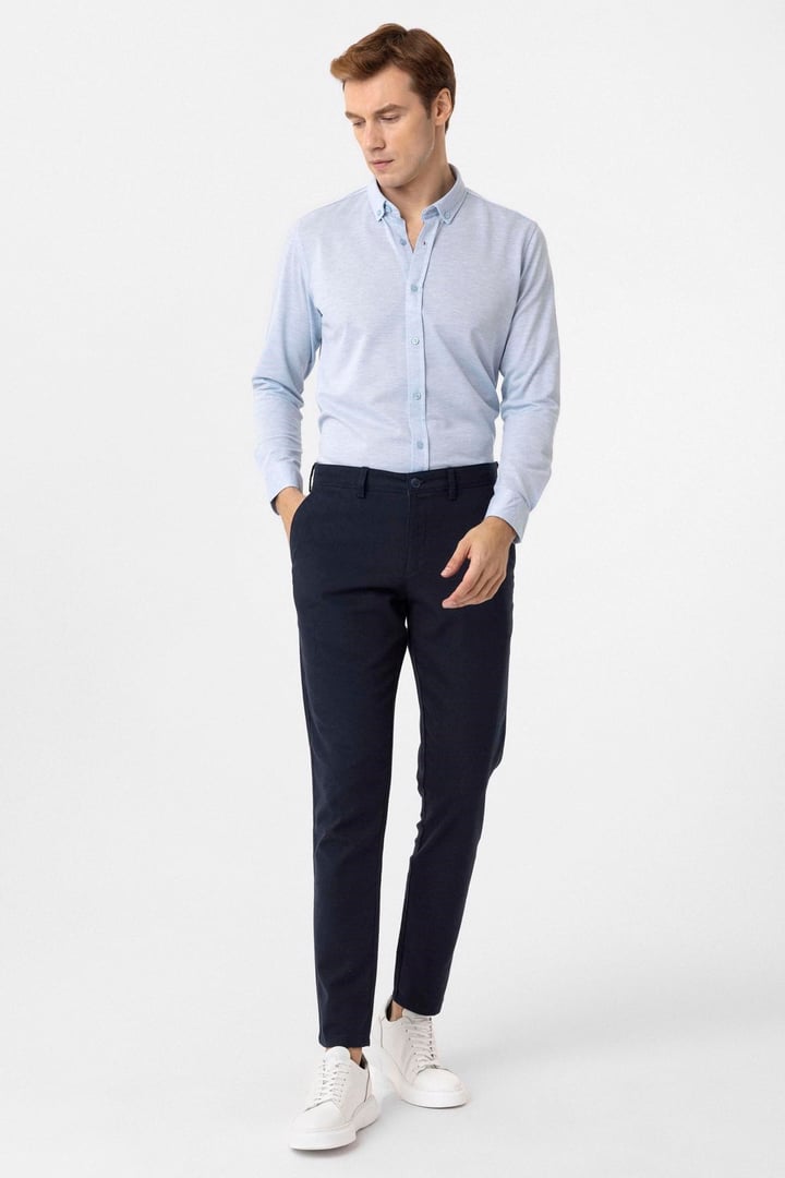 Saks Mavi Slim Fit Armürlü Düğmeli Yaka Gömlek