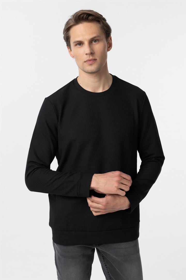 Siyah Regular Armürlü Bisiklet Yaka Triko