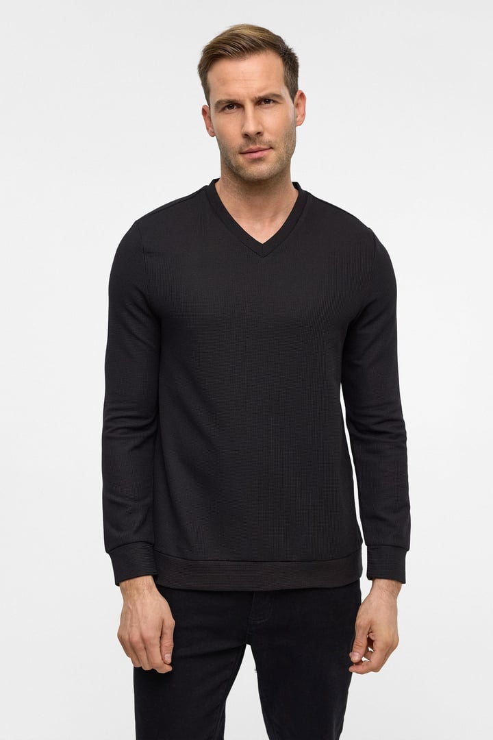 Siyah Regular Armürlü V Yaka Triko