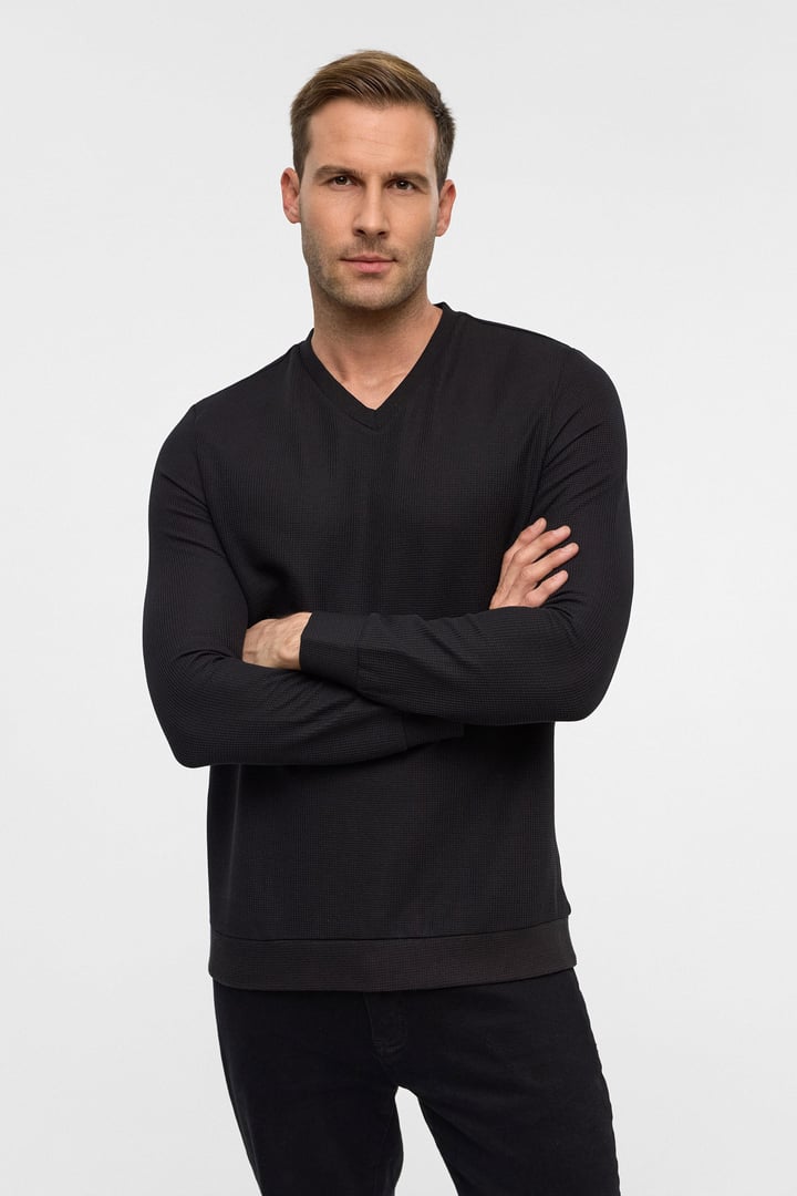 Siyah Regular Armürlü V Yaka Triko