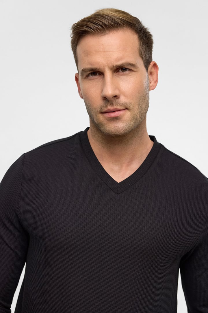 Siyah Regular Armürlü V Yaka Triko