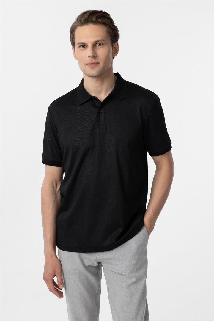 Siyah Regular Baskılı Polo Yaka Tişört