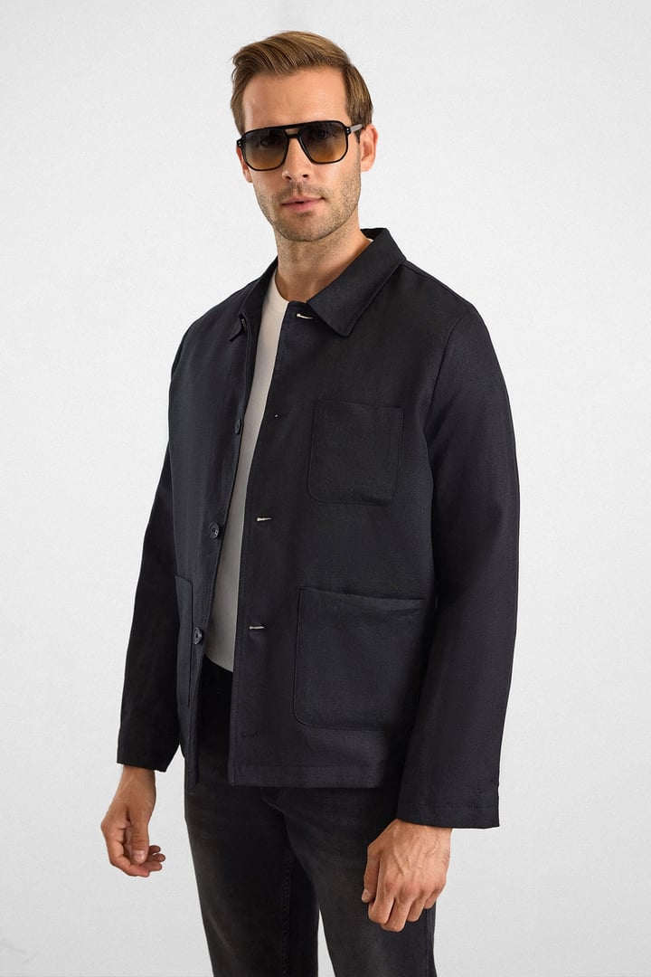 Siyah Regular Bebe Yaka Düz Poplin Torba Cep 4 Drop Spor Ceket