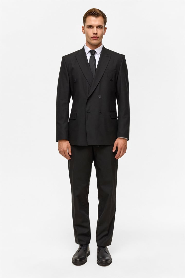 Siyah Regular Çizgili Kruvaze Yaka 6 Drop Takım Elbise