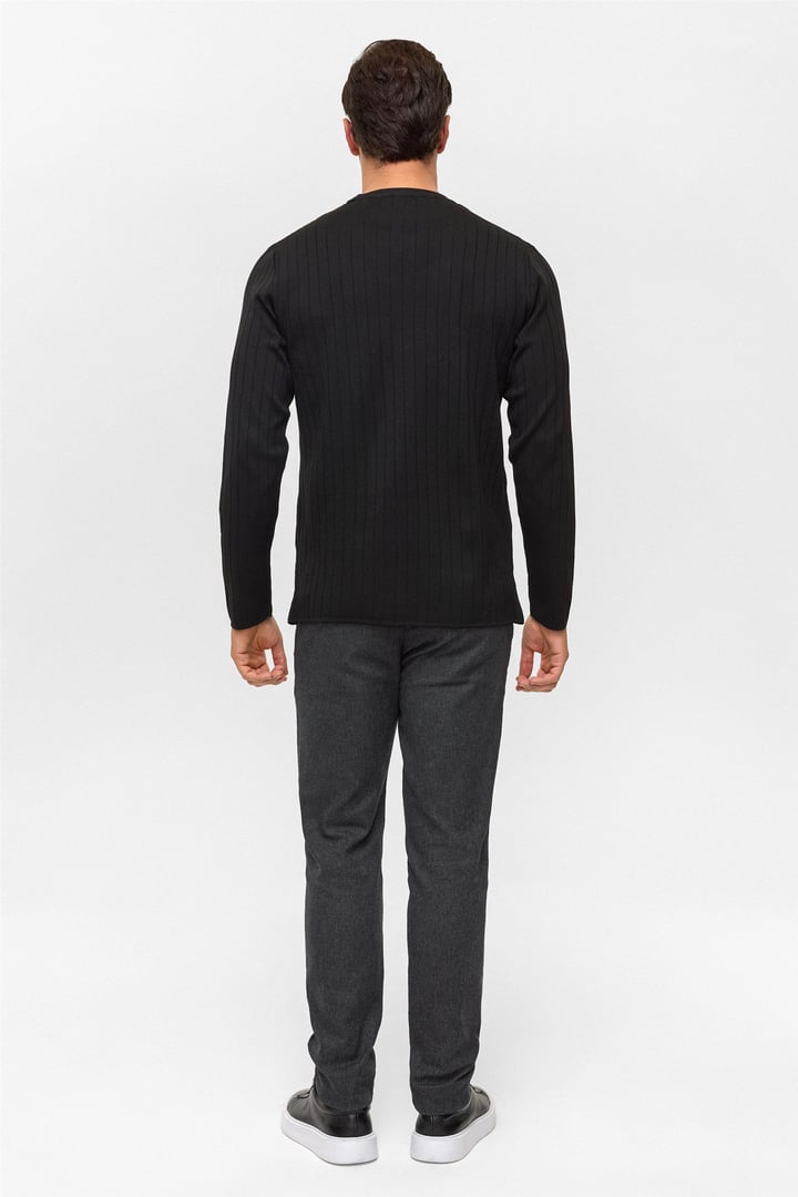 Siyah Regular Desenli Bisiklet Yaka Triko Kazak